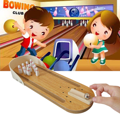 Wooden tabletop mini bowling game with ball and white/red pin pieces