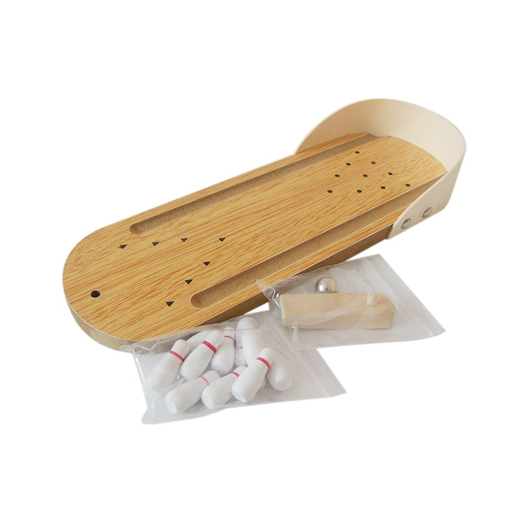 Wooden mini bowling game with lane base, ball, and loose pins