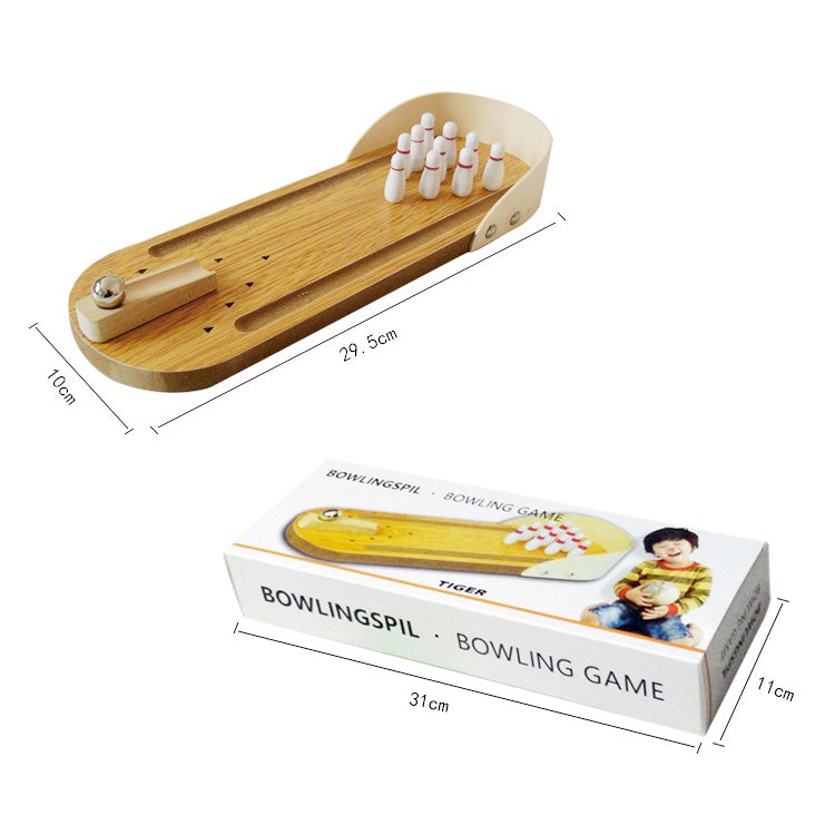 Wooden tabletop mini bowling game with pins on lane, shown with retail box
