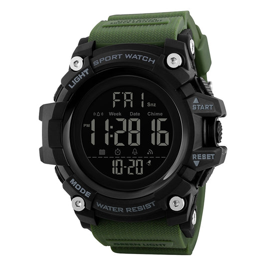 Men's LED digital watch, army green fabric strap, black bezel, water resistant