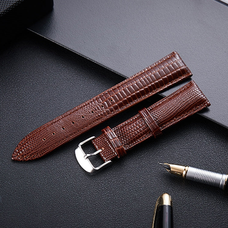 Coffee brown lizard-texture leather watch strap with silver buckle and 24mm width.