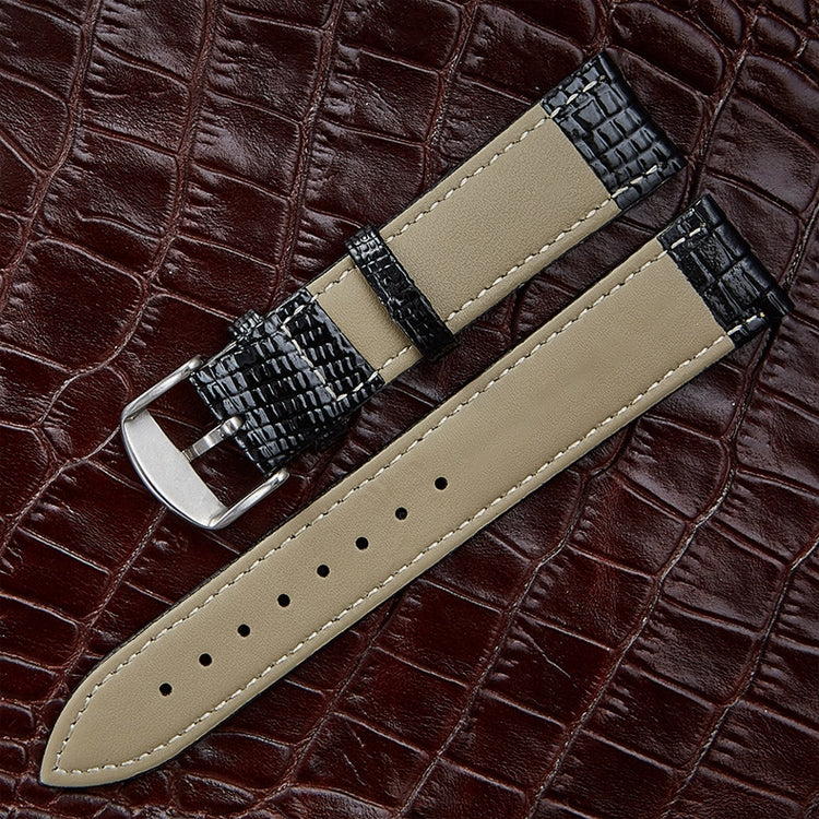 Brown lizard-texture leather watch strap with beige center panel and silver buckle.