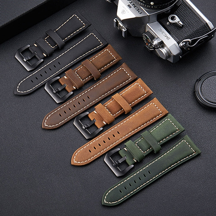 Assorted leather watch bands with metal buckles and stitched perforations.