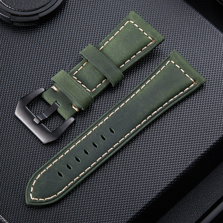 Army green leather watch band with square buckle and perforated strap, stitched