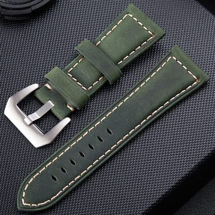 24mm army green leather watch band with silver buckle and contrast edge stitching