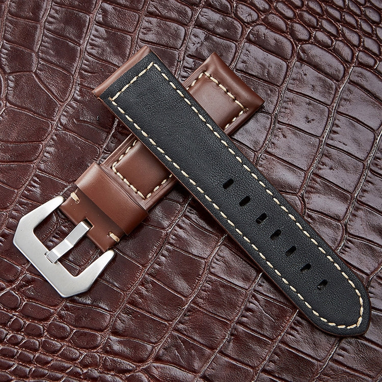 24mm dark leather watch band with silver buckle and perforated center holes