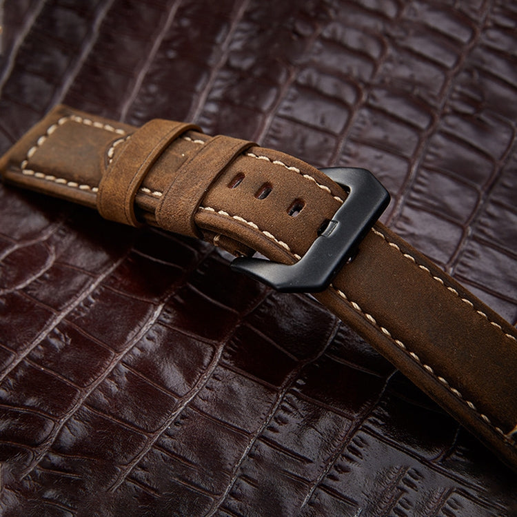 24mm brown leather watch band with black buckle and stitched hole row