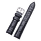 Black leather watch band with metal pin buckle and croc-texture finish, 21mm