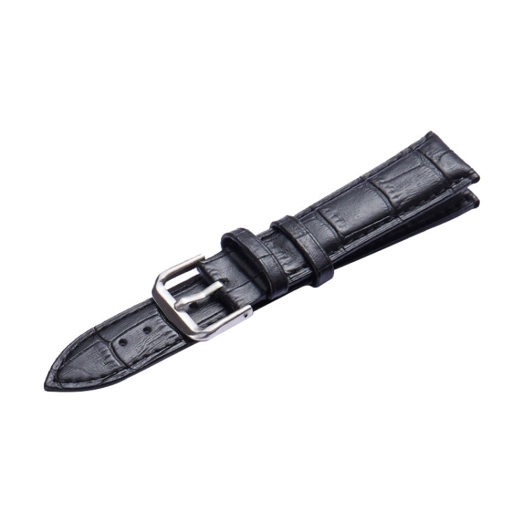 Black leather watch band with silver pin buckle and stitched edges, 21mm