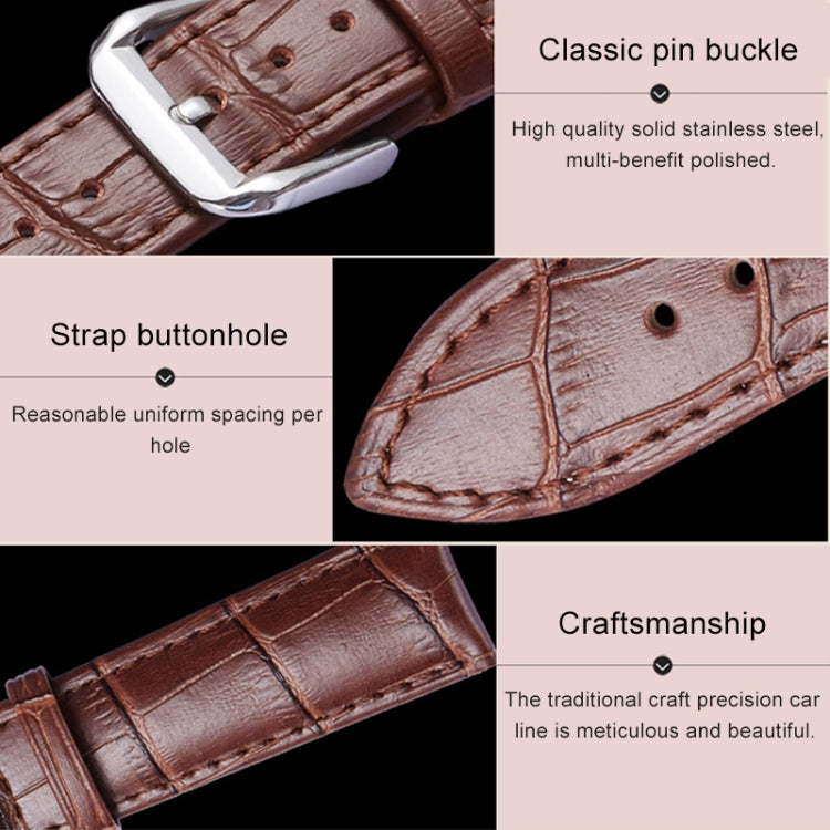 Brown leather watch strap with classic pin buckle and visible buttonholes