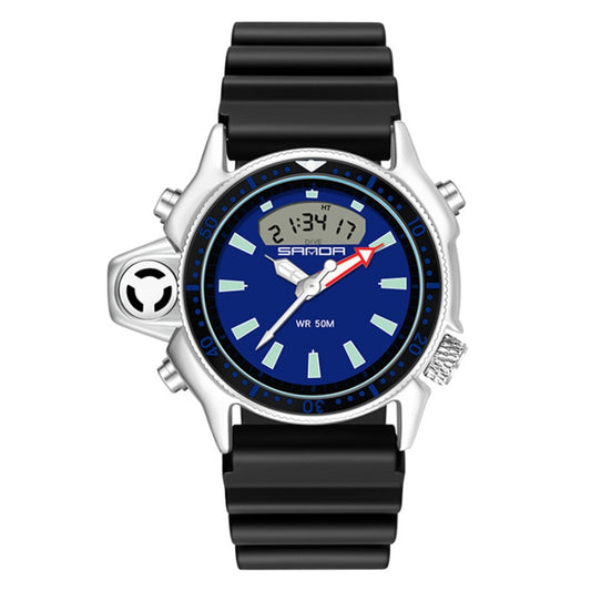 SANDA 3008 digital sports watch with blue dial, silver case, and black strap