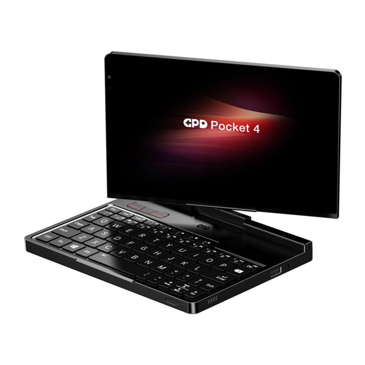 Black handheld gaming PC with open display and compact keyboard layout