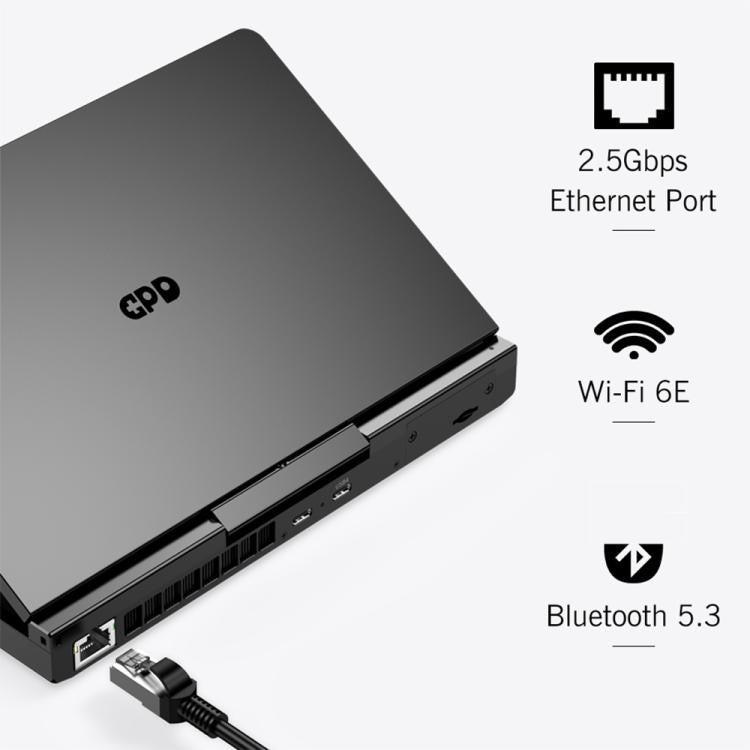 Handheld gaming PC with ethernet port and wireless connectivity icons, black