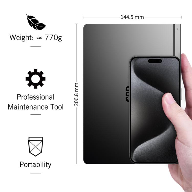 Black handheld gaming PC back panel with grip, plus size and weight callouts