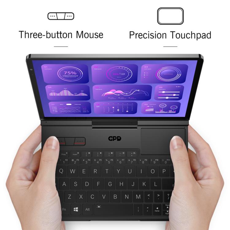 Open handheld gaming PC held by hands with purple screen and touch controls