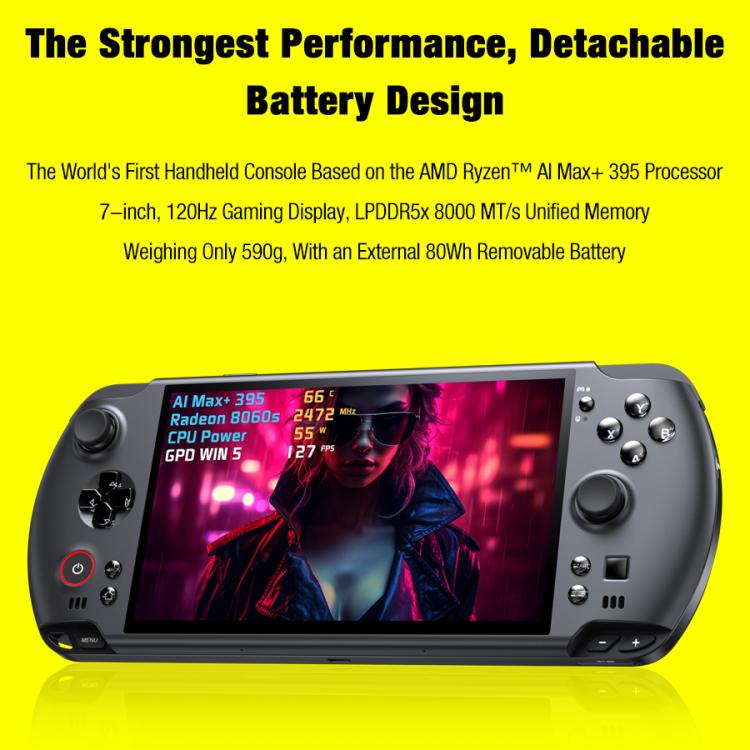 Handheld game console with dark gray controls and bright screen, shown on a yellow panel