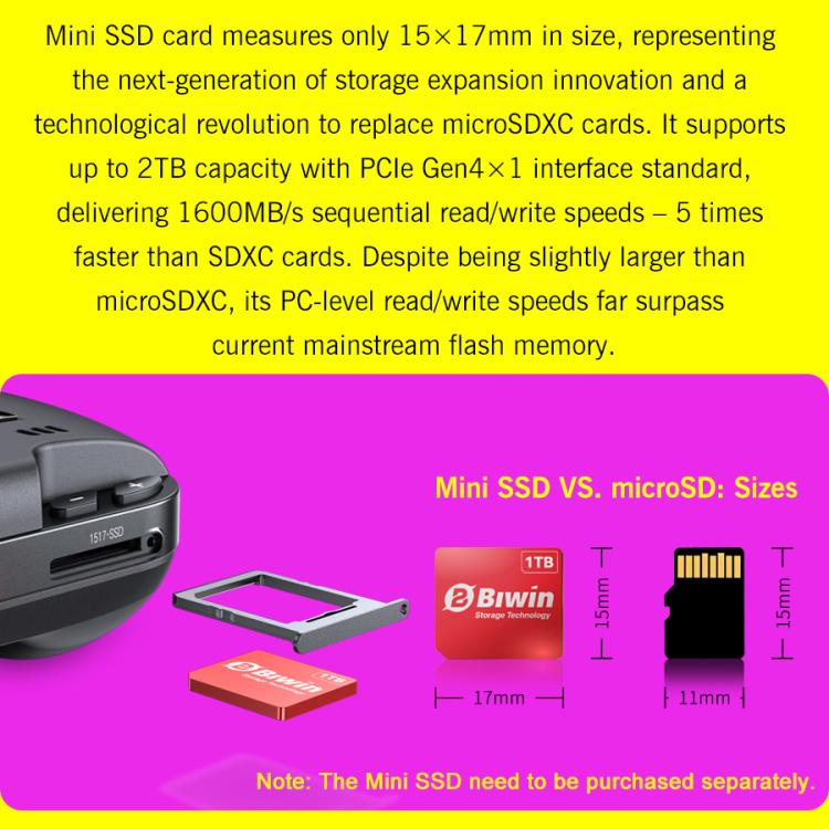 Mini SSD card and adapter tray for handheld game console storage expansion