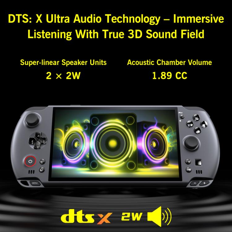 Handheld game console front view with screen display and speaker sound waves