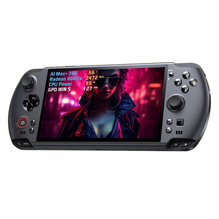 Dark gray handheld game console front view with 7-inch display and action button cluster
