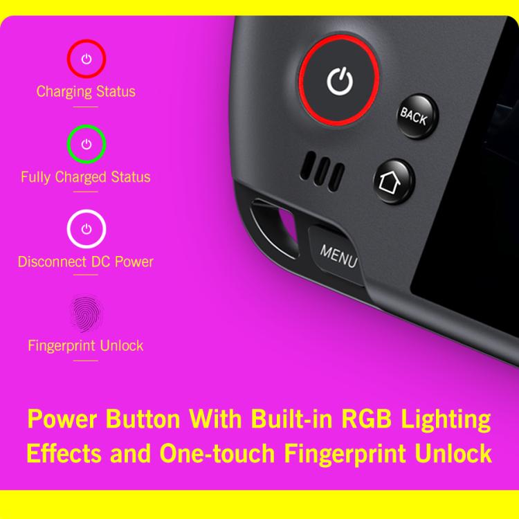 Handheld console underside with power button ring light and back/menu keys