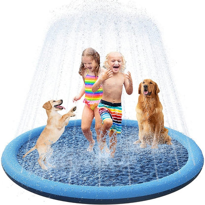 Round blue PVC sprinkler splash mat with water spray for kids
