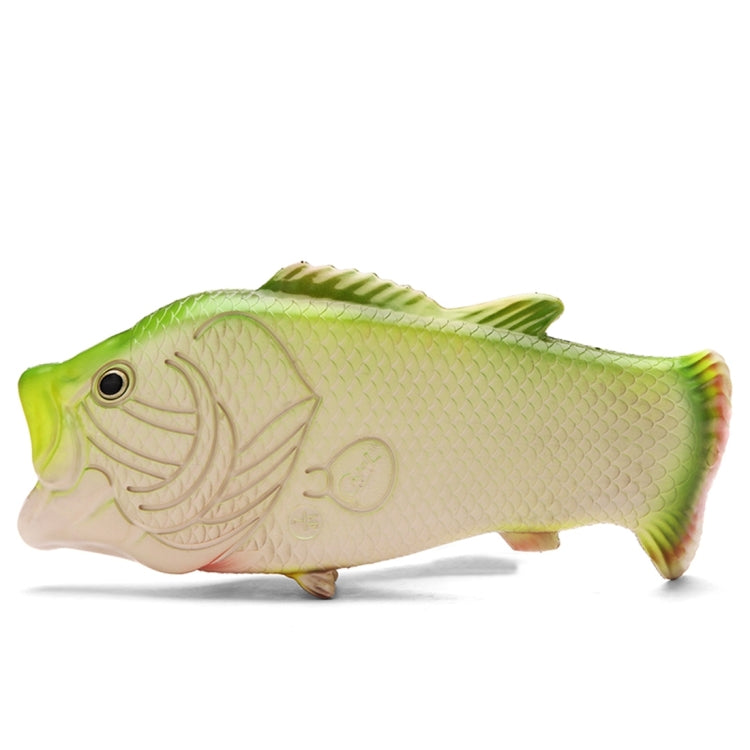 Green fish-shaped slip sandal with detailed scale pattern and open mouth toe opening.
