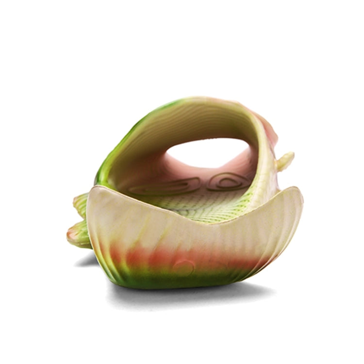 Fish-mouth EVA sandal interior, green and pink scale colors, slip-on close view.