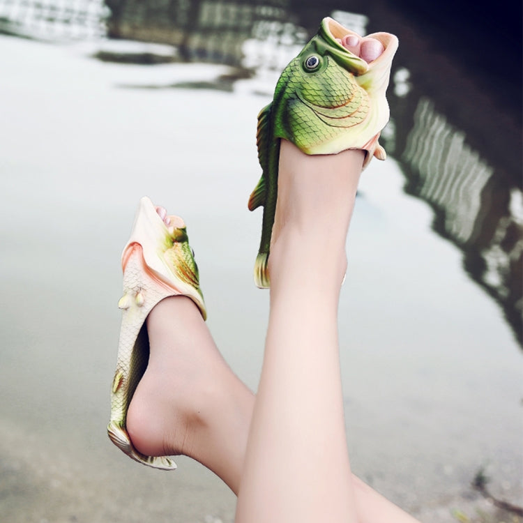 Green and white fish-style EVA sandals with open toe and textured fins