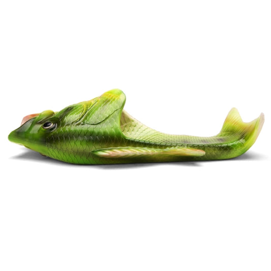 Single fish-shaped sandal in bright green with open toe and textured scale finish