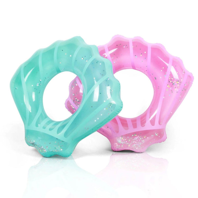 Light blue and pink shell-shaped inflatable swimming rings with glitter and round openings