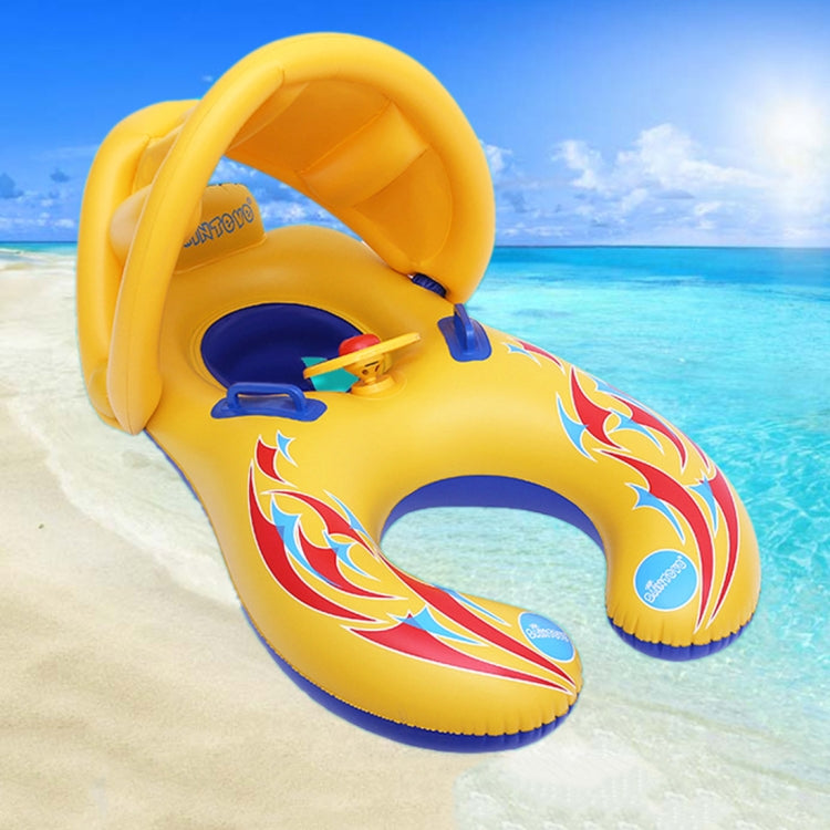 Children yellow sunshade swimming circle with blue side openings and colorful flame fish print