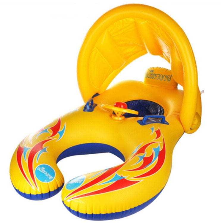 Children yellow sunshade swimming circle close-up with blue accents and flame fish graphic