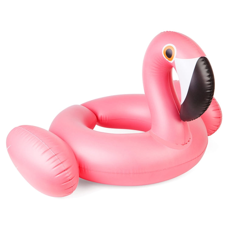 Pink flamingo inflatable pool float with black beak and round eye