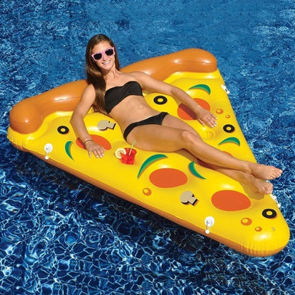 Inflatable pizza slice pool float with yellow deck, orange border, red and green topping pattern