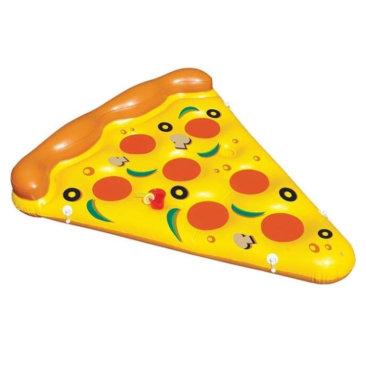 Inflatable pizza slice pool float, yellow surface with red pepperoni and green olive graphics