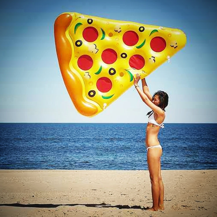 Inflatable pizza slice pool float with orange border and colorful topping print