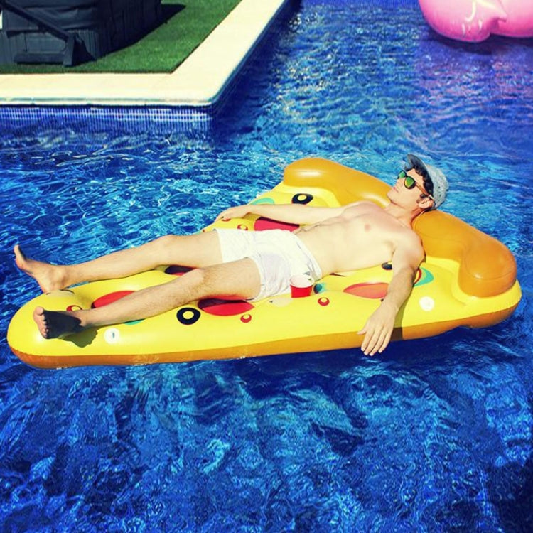 Inflatable pizza slice pool float with yellow top and orange edge, kids lounging