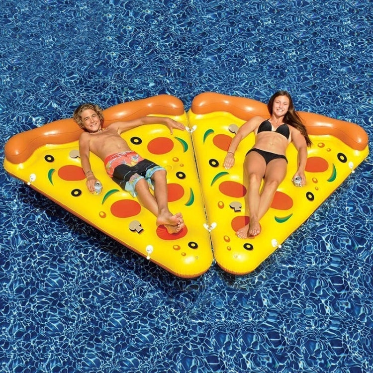 Inflatable pizza slice pool float pair with yellow topping prints and orange borders