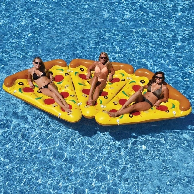 Inflatable pizza slice pool float with yellow topping graphics and orange border, four swimmers