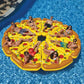 Inflatable pizza slice pool float set with yellow topping prints and orange borders, group in pool