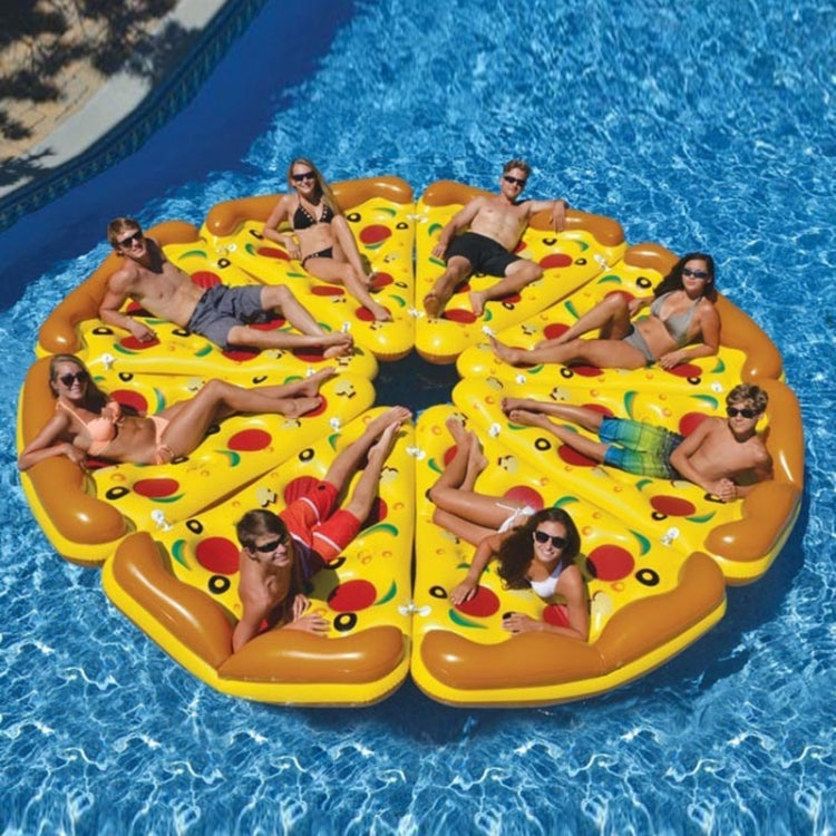 Inflatable pizza slice pool float set with yellow topping prints and orange borders, group in pool
