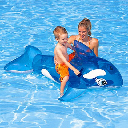 Blue inflatable whale-shaped pool float with dolphin-like face and handle area