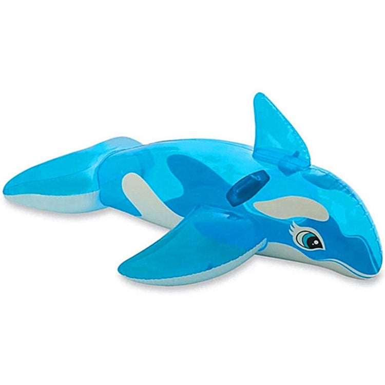 Blue whale-shaped inflatable pool float with white belly and eye detail