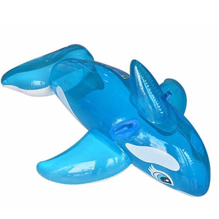 Blue whale-shaped inflatable pool float in three-quarter view with white fin accents