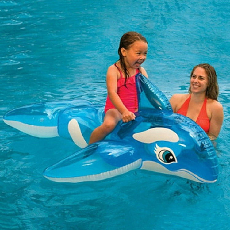 Blue inflatable whale-shaped pool float for kids in a swimming pool
