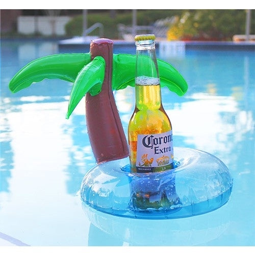 Inflatable coconut tree drink holder with green palm leaves, brown trunk, and blue floating ring
