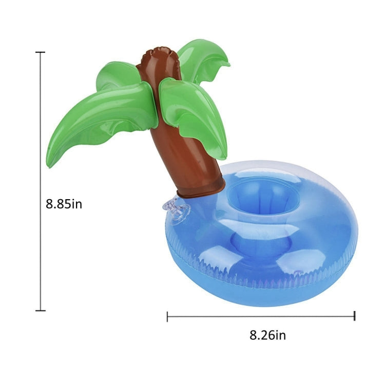 Inflatable coconut tree shaped drink holder with green palm leaves and brown trunk on blue float ring