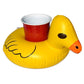 Inflatable yellow duck drink holder holding a red cup