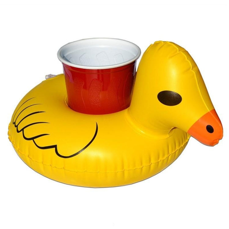 Inflatable yellow duck drink holder holding a red cup