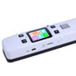 Handheld document scanner close-up with color screen and function buttons, white.